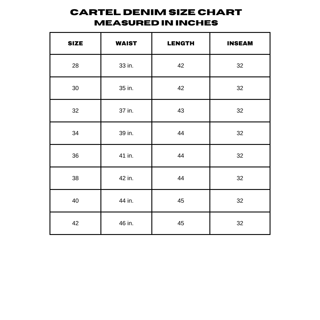 Cartel DENIm Size Chart measured in inches Asaali